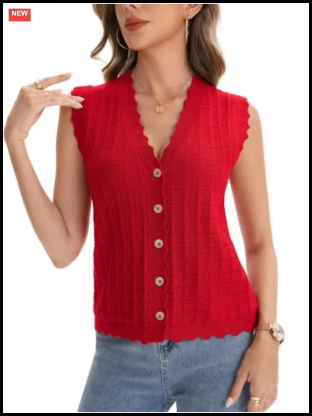 Women's Scallop Edge Waffle Knit Sweater Vest Button Front Sleeveless Cardigan